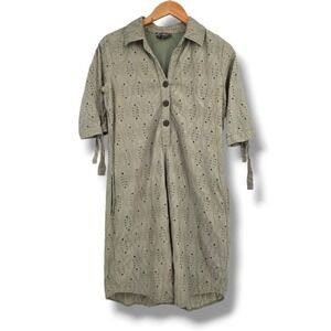 J Gee Womens‎ Olive Green Eyelet Cotton Shift Dress Short Sleeve Size M Pocket